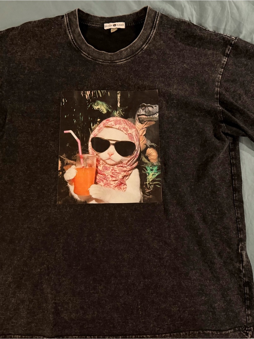 Moda Black Graphic Tee with Cat Wearing Scarf and Sunglasses
